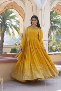 Azorte Fashion Premium Designer Gown with Dupatta | Faux Georgette | Zari & Sequins Embroidery - Pizza, L