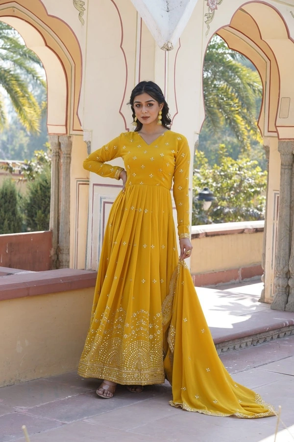 Azorte Fashion Premium Designer Gown with Dupatta | Faux Georgette | Zari & Sequins Embroidery - Pizza, L