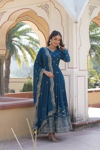 Azorte Fashion Premium Designer Gown with Dupatta | Faux Georgette | Zari & Sequins Embroidery - Cello, XXL