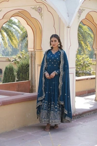 Azorte Fashion Premium Designer Gown with Dupatta | Faux Georgette | Zari & Sequins Embroidery - Cello, XXL