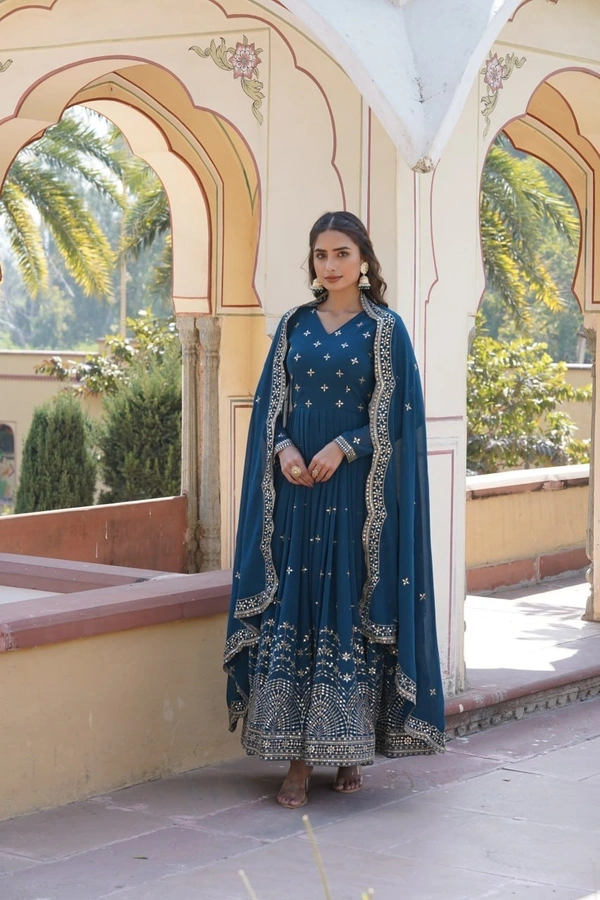 Azorte Fashion Premium Designer Gown with Dupatta | Faux Georgette | Zari & Sequins Embroidery - Cello, XXL