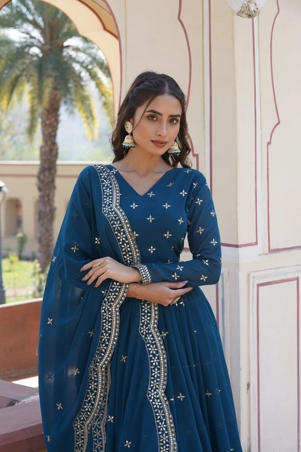 Azorte Fashion Premium Designer Gown with Dupatta | Faux Georgette | Zari & Sequins Embroidery - Cello, XXL