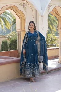 Azorte Fashion Premium Designer Gown with Dupatta | Faux Georgette | Zari & Sequins Embroidery - Cello, XXL