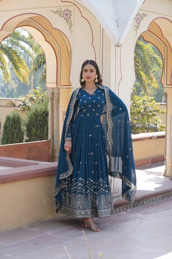 Azorte Fashion Premium Designer Gown with Dupatta | Faux Georgette | Zari & Sequins Embroidery - Cello, XXL