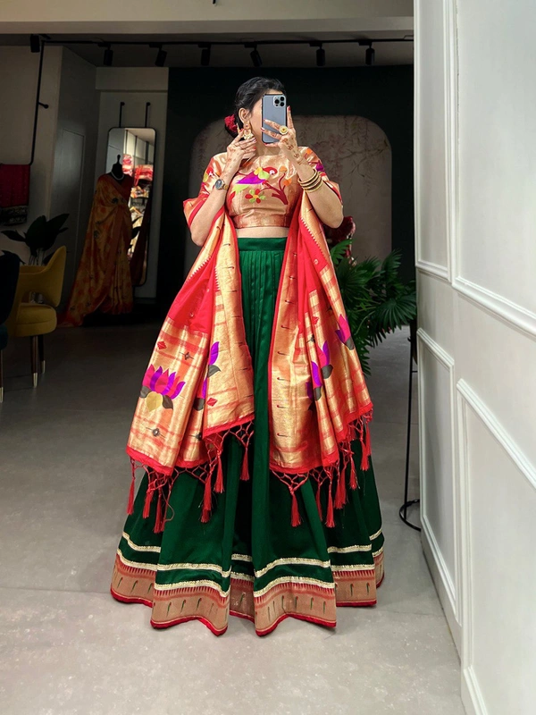 Azorte Fashion Paithani Vichitra Silk Lehenga Choli with Zari Weaving Dupatta - Stitched, Unstitched