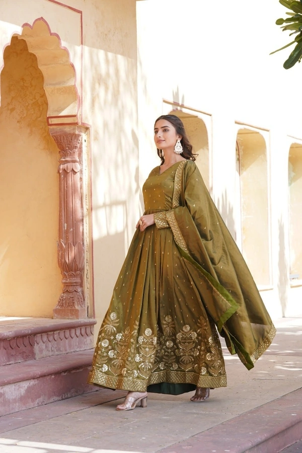 Azorte Fashion Premium Readymade Gown with Dupatta | Viscose Cosmos | Zari & Sequins Embroidery - Pesto, M