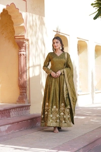 Azorte Fashion Premium Readymade Gown with Dupatta | Viscose Cosmos | Zari & Sequins Embroidery - Pesto, M