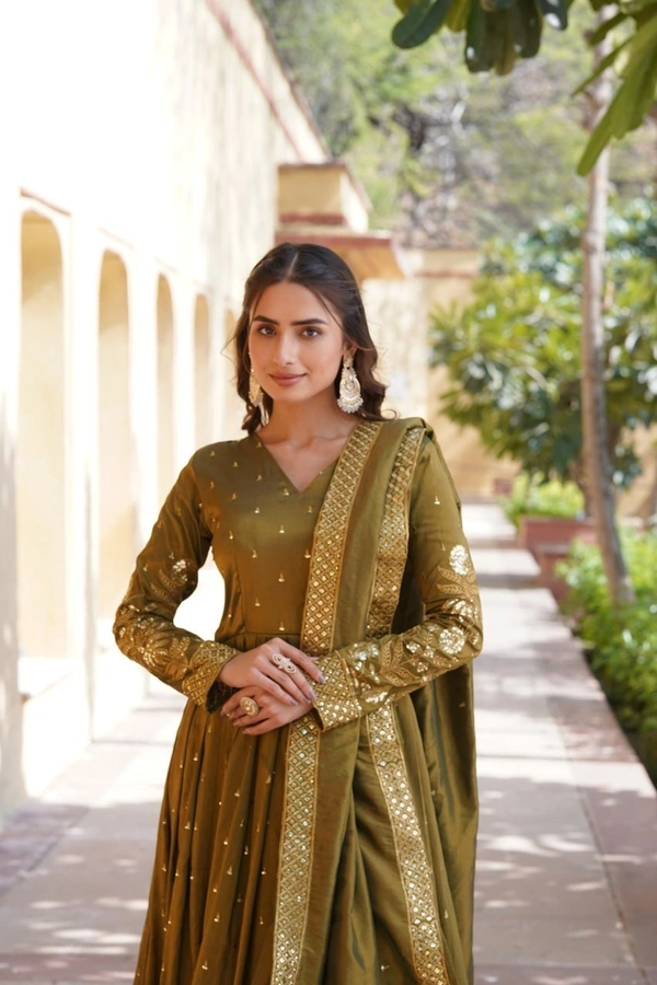 Azorte Fashion Premium Readymade Gown with Dupatta | Viscose Cosmos | Zari & Sequins Embroidery - Pesto, M