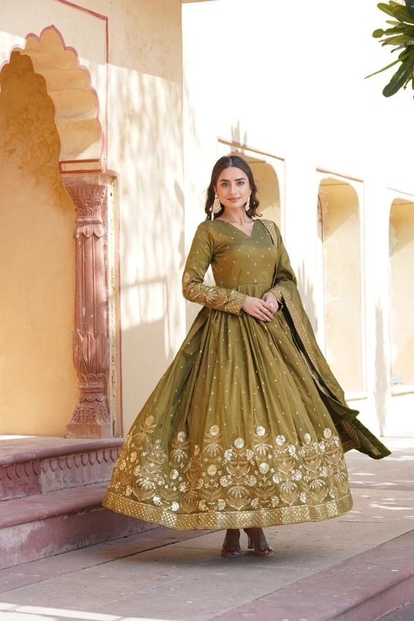 Azorte Fashion Premium Readymade Gown with Dupatta | Viscose Cosmos | Zari & Sequins Embroidery - Pesto, M