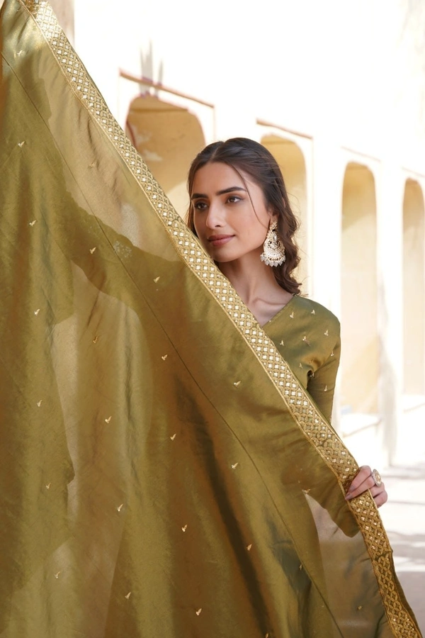 Azorte Fashion Premium Readymade Gown with Dupatta | Viscose Cosmos | Zari & Sequins Embroidery - Pesto, M