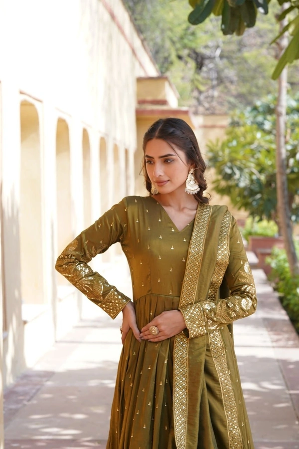 Azorte Fashion Premium Readymade Gown with Dupatta | Viscose Cosmos | Zari & Sequins Embroidery - Pesto, M