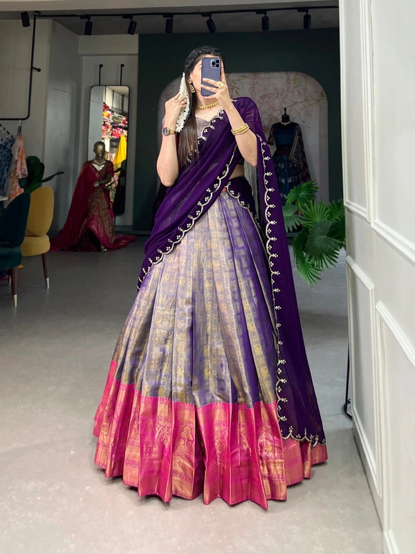 Azorte Fashion Kanjivaram Silk Lehenga Choli with Zari Weaving & Embroidered Dupatta - Mamba, Stitched, Unstitched