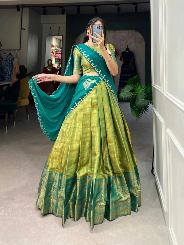 Azorte Fashion Kanjivaram Silk Lehenga Choli with Zari Weaving & Embroidered Dupatta - Hacienda, Stitched, Unstitched