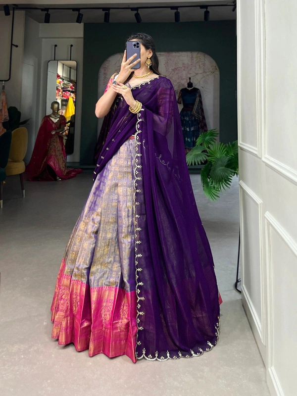 Azorte Fashion Kanjivaram Silk Lehenga Choli with Zari Weaving & Embroidered Dupatta - Mamba, Stitched, Unstitched