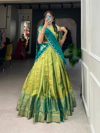 Azorte Fashion Kanjivaram Silk Lehenga Choli with Zari Weaving & Embroidered Dupatta - Hacienda, Stitched, Unstitched