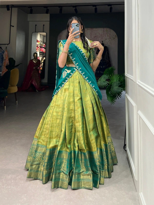 Azorte Fashion Kanjivaram Silk Lehenga Choli with Zari Weaving & Embroidered Dupatta - Hacienda, Stitched, Unstitched