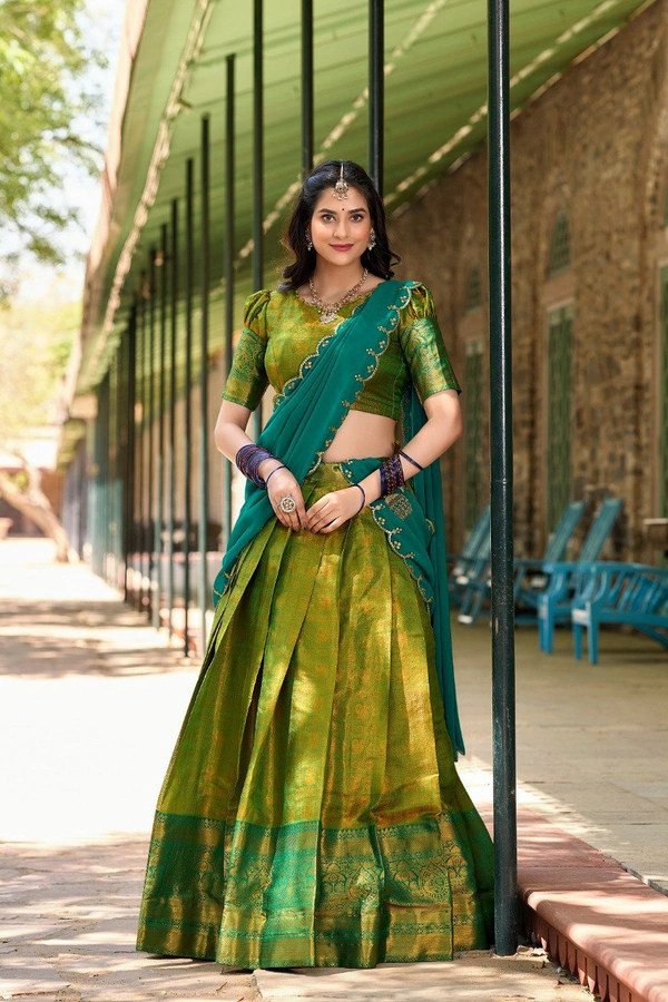 Azorte Fashion Kanjivaram Silk Lehenga Choli with Zari Weaving & Embroidered Dupatta - Hacienda, Stitched, Unstitched