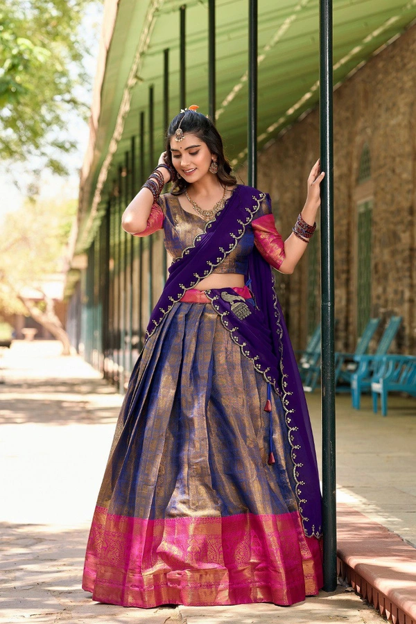 Azorte Fashion Kanjivaram Silk Lehenga Choli with Zari Weaving & Embroidered Dupatta - Mamba, Stitched, Unstitched