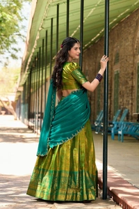 Azorte Fashion Kanjivaram Silk Lehenga Choli with Zari Weaving & Embroidered Dupatta - Hacienda, Stitched, Unstitched