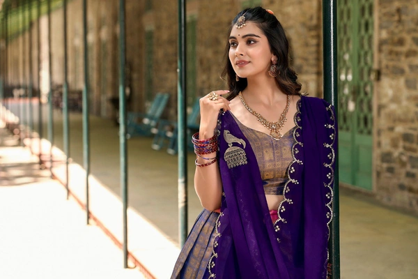 Azorte Fashion Kanjivaram Silk Lehenga Choli with Zari Weaving & Embroidered Dupatta - Mamba, Stitched, Unstitched