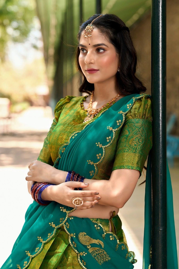 Azorte Fashion Kanjivaram Silk Lehenga Choli with Zari Weaving & Embroidered Dupatta - Hacienda, Stitched, Unstitched