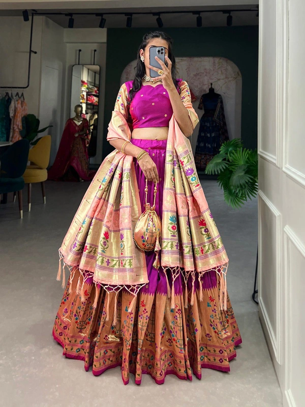 Azorte Fashion Paithani Jacquard Silk Lehenga Choli with Zari Weaving & Dupatta - Flirt, Stitched, Unstitched