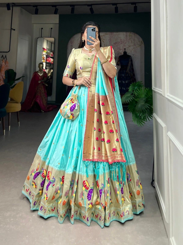 Azorte Fashion Paithani Jacquard Silk Lehenga Choli with Zari Weaving & Dupatta - Carlo, Stitched, Unstitched
