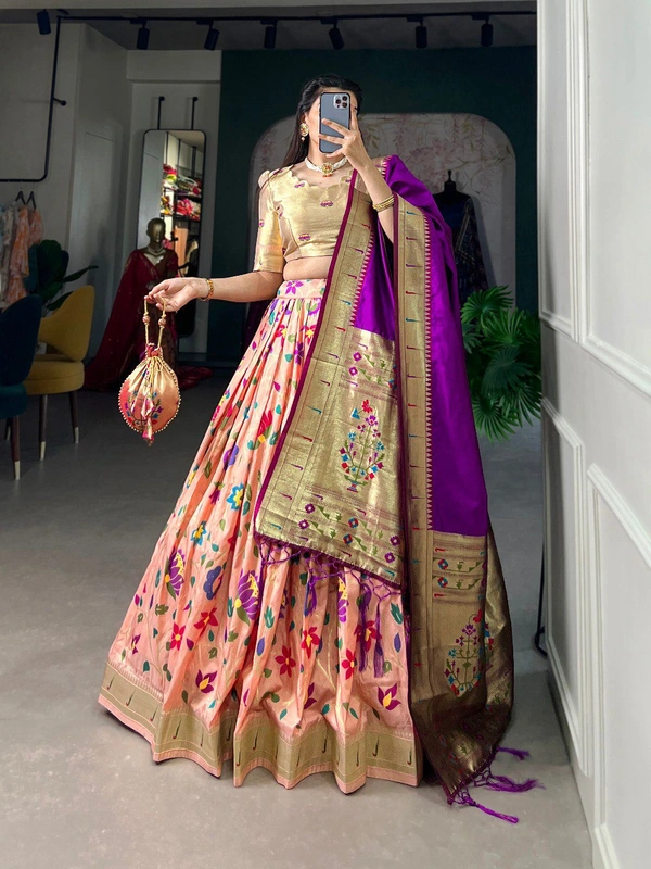 Azorte Fashion Paithani Jacquard Silk Lehenga Choli with Zari Weaving & Dupatta - Orchid, Stitched, Unstitched