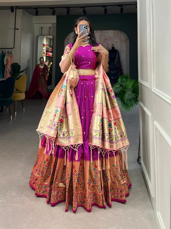 Azorte Fashion Paithani Jacquard Silk Lehenga Choli with Zari Weaving & Dupatta - Flirt, Stitched, Unstitched