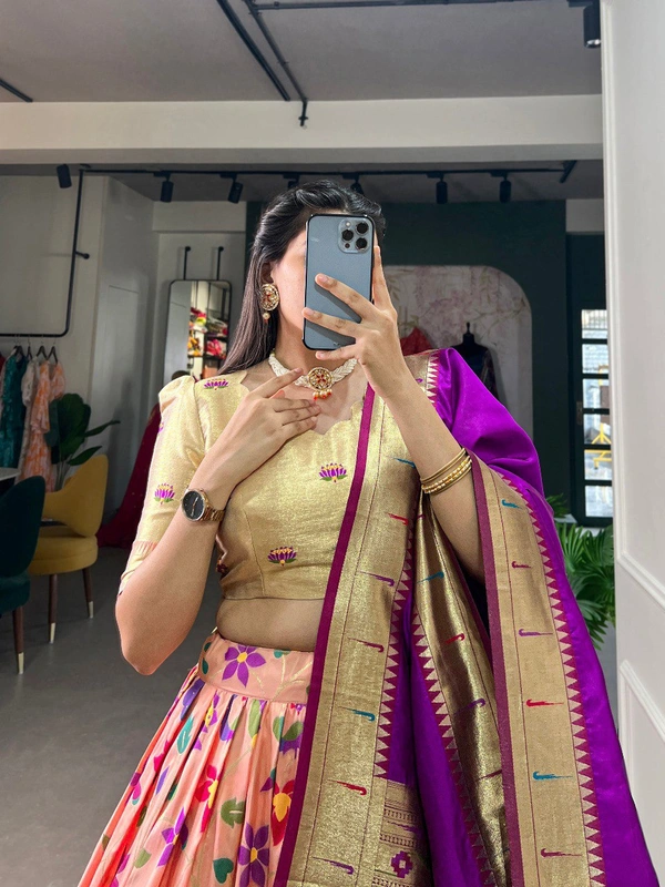 Azorte Fashion Paithani Jacquard Silk Lehenga Choli with Zari Weaving & Dupatta - Orchid, Stitched, Unstitched