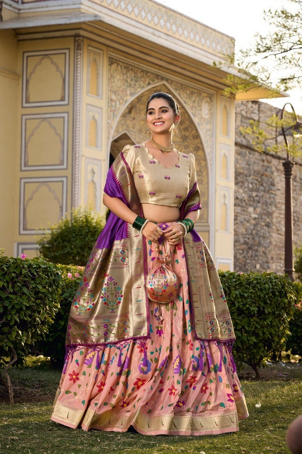 Azorte Fashion Paithani Jacquard Silk Lehenga Choli with Zari Weaving & Dupatta - Orchid, Stitched, Unstitched