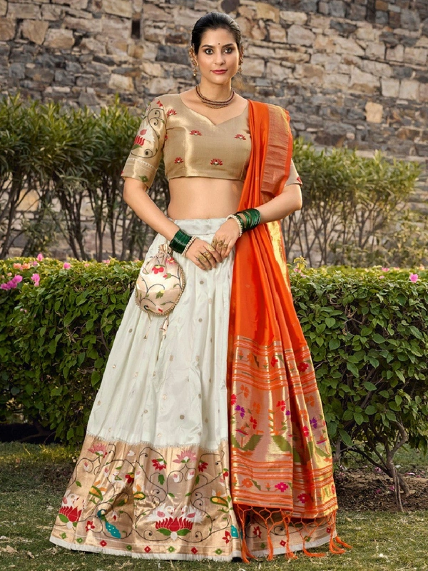 Azorte Fashion Paithani Jacquard Silk Lehenga Choli with Zari Weaving & Dupatta - White, Stitched, Unstitched