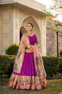 Azorte Fashion Paithani Jacquard Silk Lehenga Choli with Zari Weaving & Dupatta - Flirt, Stitched, Unstitched