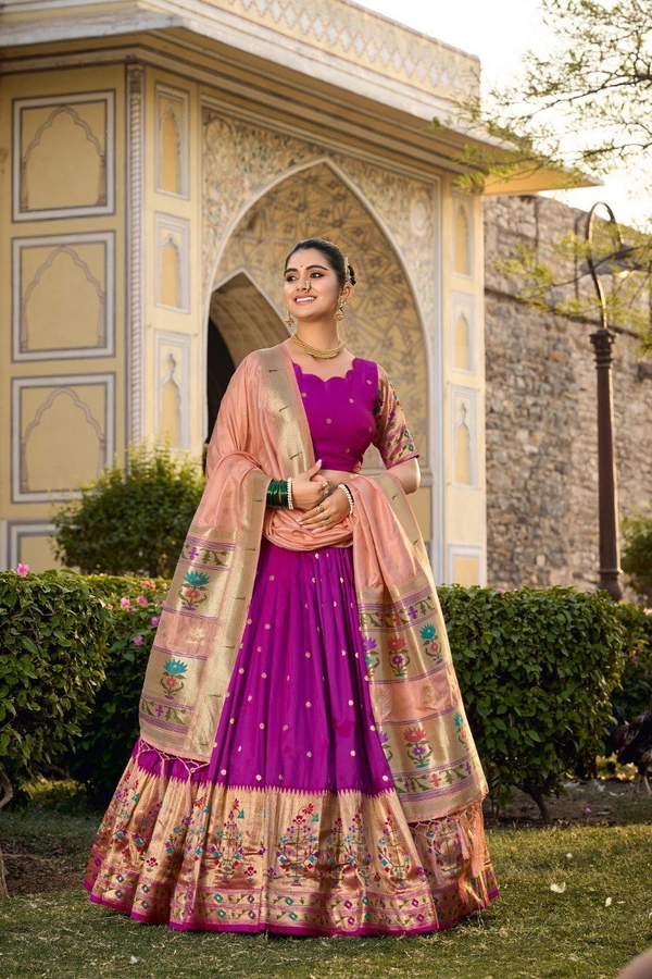 Azorte Fashion Paithani Jacquard Silk Lehenga Choli with Zari Weaving & Dupatta - Flirt, Stitched, Unstitched