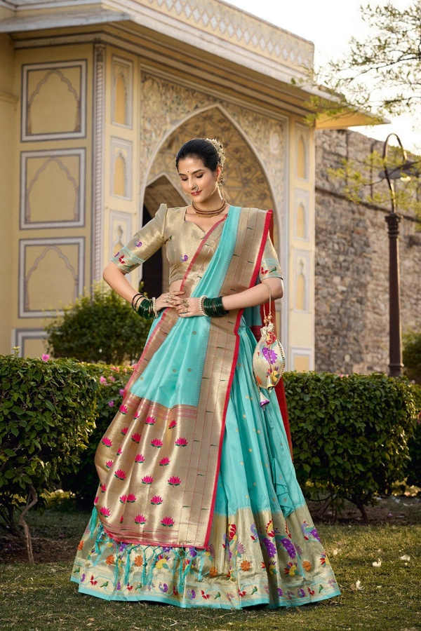 Azorte Fashion Paithani Jacquard Silk Lehenga Choli with Zari Weaving & Dupatta - Carlo, Stitched, Unstitched