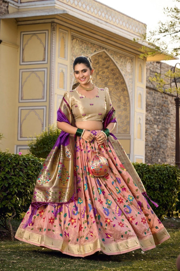 Azorte Fashion Paithani Jacquard Silk Lehenga Choli with Zari Weaving & Dupatta - Orchid, Stitched, Unstitched