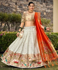 Azorte Fashion Paithani Jacquard Silk Lehenga Choli with Zari Weaving & Dupatta - White, Stitched, Unstitched