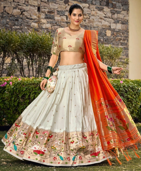 Azorte Fashion Paithani Jacquard Silk Lehenga Choli with Zari Weaving & Dupatta - White, Stitched, Unstitched