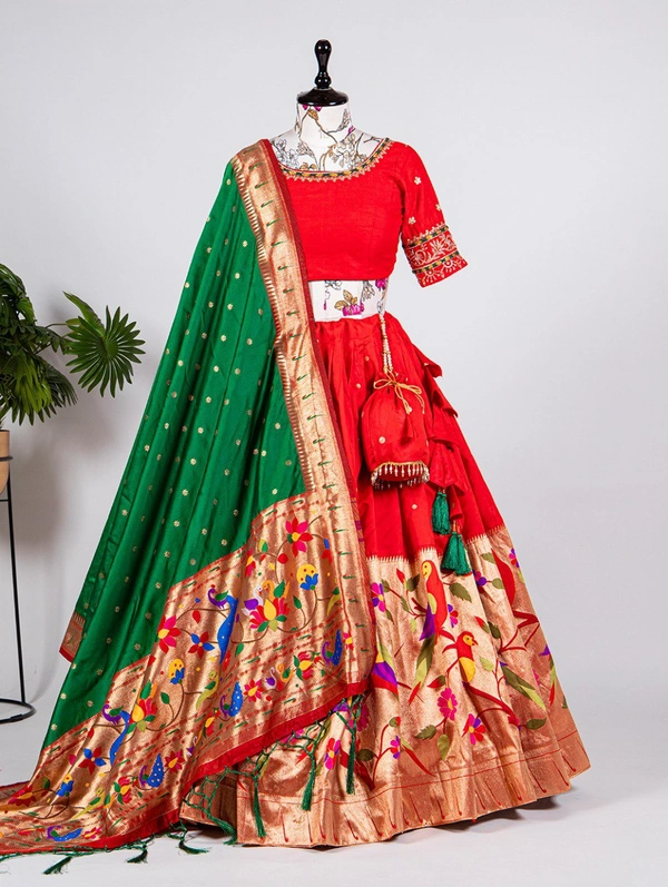 Azorte Fashion Paithani Jacquard Silk Lehenga Choli with Handwork Blouse & Dupatta - Stitched, Unstitched