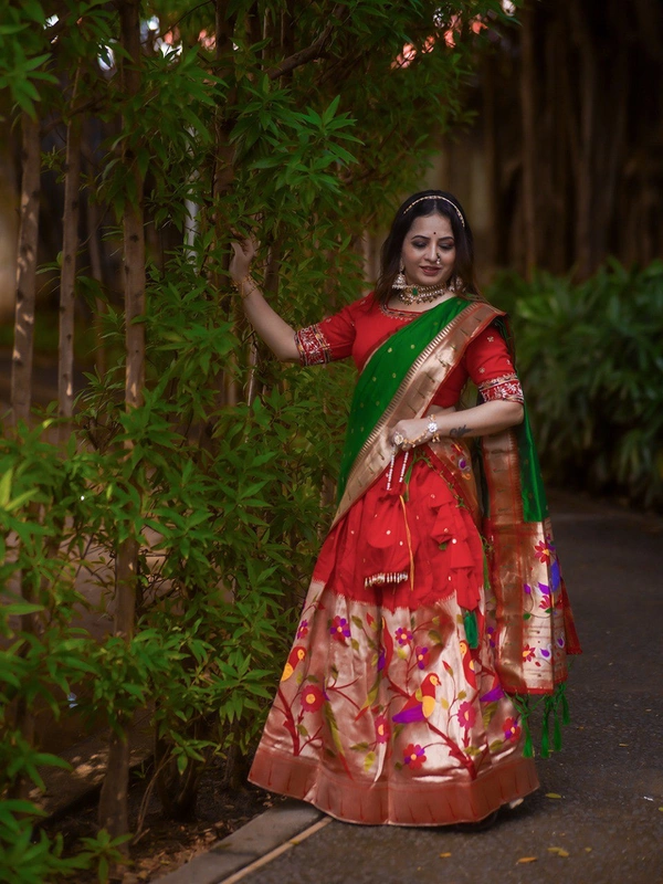 Azorte Fashion Paithani Jacquard Silk Lehenga Choli with Handwork Blouse & Dupatta - Stitched, Unstitched