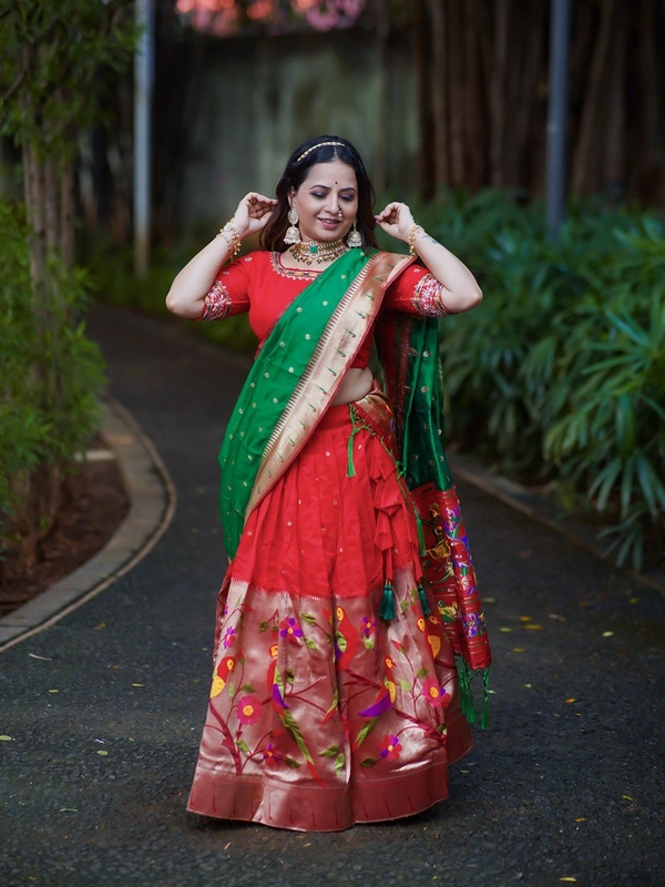 Azorte Fashion Paithani Jacquard Silk Lehenga Choli with Handwork Blouse & Dupatta - Stitched, Unstitched