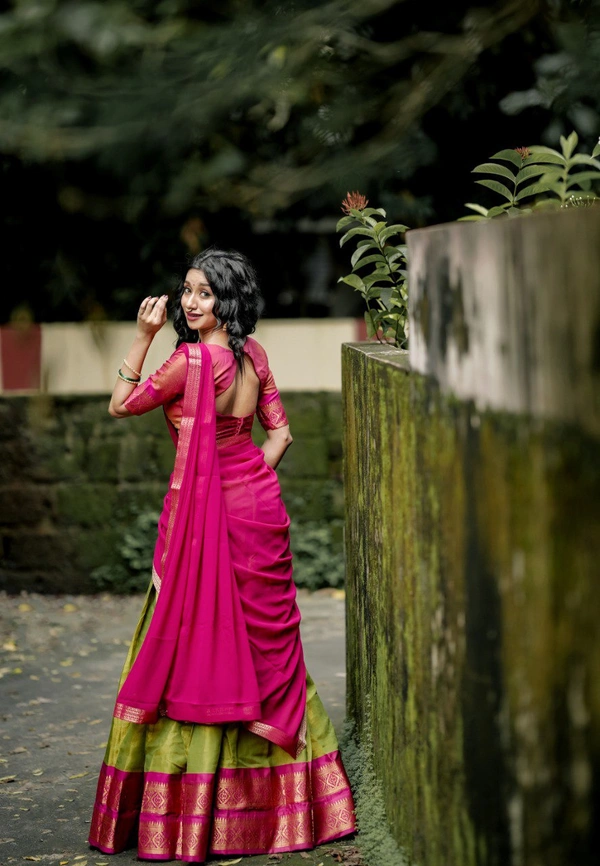 Azorte Fashion Kanchipuram Silk Lehenga Choli with Zari Weaving & Georgette Dupatta - Stitched, Unstitched