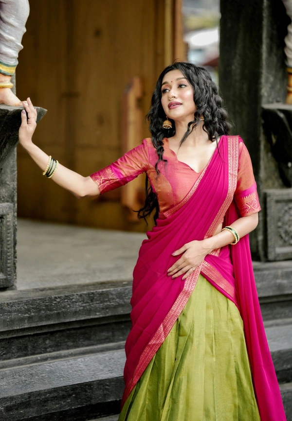 Azorte Fashion Kanchipuram Silk Lehenga Choli with Zari Weaving & Georgette Dupatta - Stitched, Unstitched