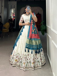 Azorte Fashion Khadi Cotton Lehenga Choli with Embroidery & Gaji Silk Dupatta - BLU, Stitched, Unstitched