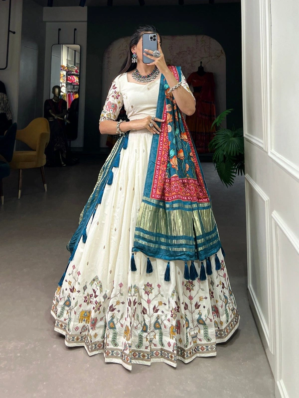 Azorte Fashion Khadi Cotton Lehenga Choli with Embroidery & Gaji Silk Dupatta - BLU, Stitched, Unstitched