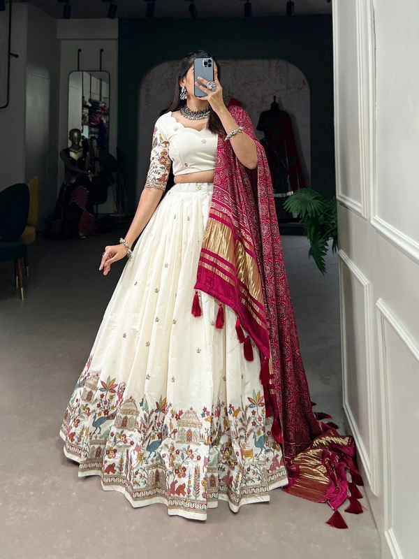 Azorte Fashion Khadi Cotton Lehenga Choli with Embroidery & Gaji Silk Dupatta - Stitched, Unstitched, BRI