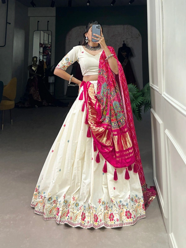 Azorte Fashion Khadi Cotton Lehenga Choli with Embroidery & Gaji Silk Dupatta - PCK, Stitched, Unstitched
