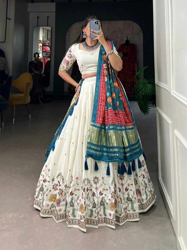 Azorte Fashion Khadi Cotton Lehenga Choli with Embroidery & Gaji Silk Dupatta - BLU, Stitched, Unstitched