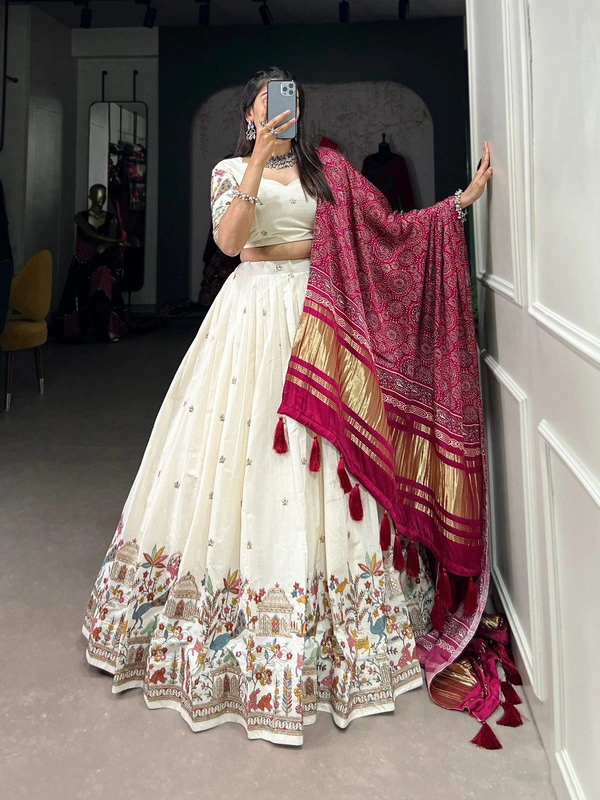 Azorte Fashion Khadi Cotton Lehenga Choli with Embroidery & Gaji Silk Dupatta - Stitched, Unstitched, BRI