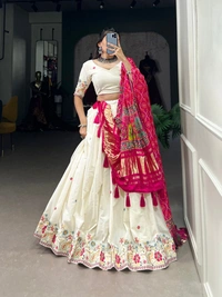 Azorte Fashion Khadi Cotton Lehenga Choli with Embroidery & Gaji Silk Dupatta - PCK, Stitched, Unstitched